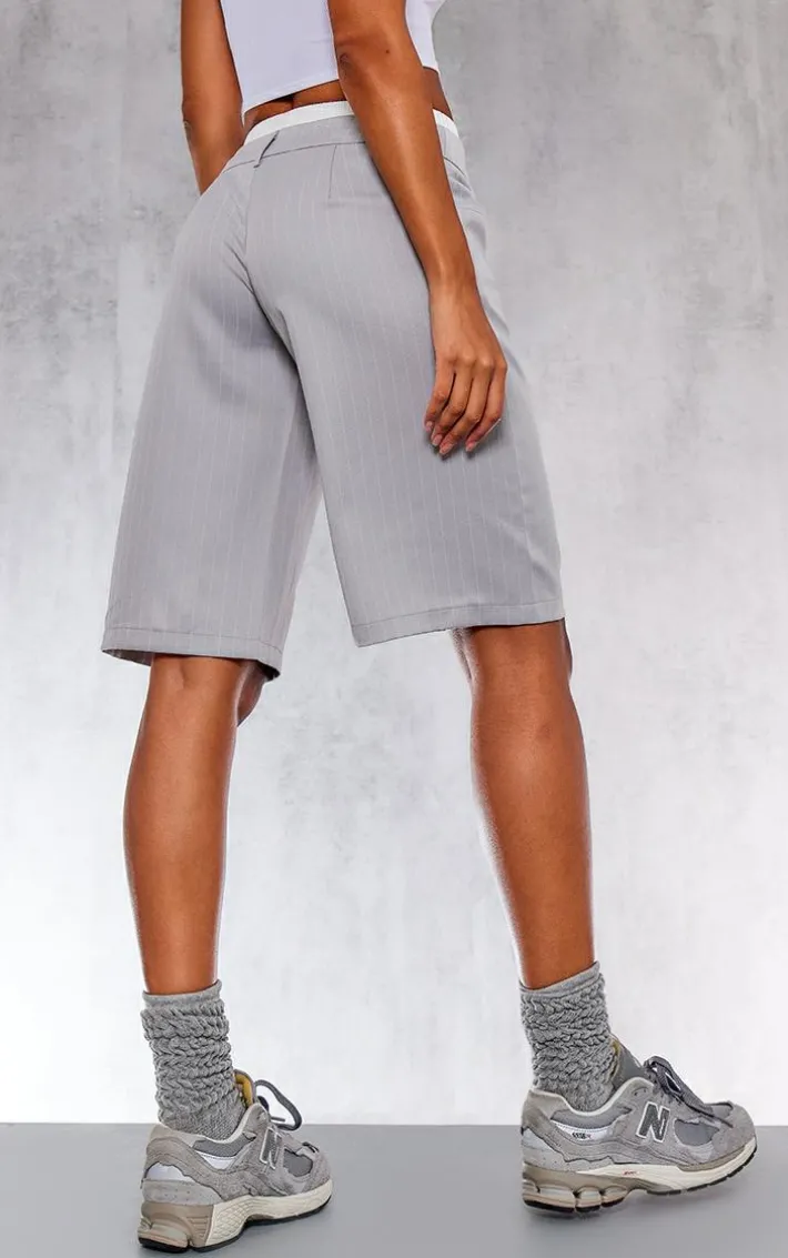 Light Grey Pinstripe Double Waistband Tailored Oversized Jorts
