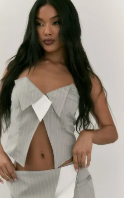 Sale PrettyLittleThing Pinstripe Foldover Bandeau Top Light Grey