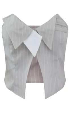Sale PrettyLittleThing Pinstripe Foldover Bandeau Top Light Grey