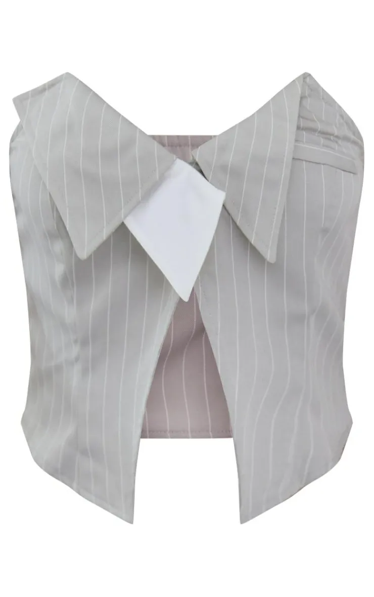 Sale PrettyLittleThing Pinstripe Foldover Bandeau Top Light Grey