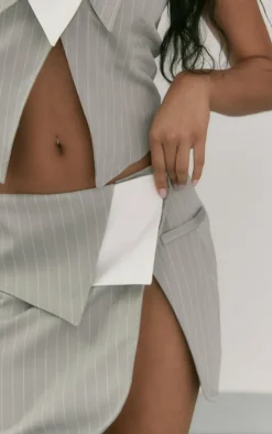 PrettyLittleThing Pinstripe Foldover Split Mini Skirt Light Grey
