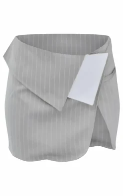 PrettyLittleThing Pinstripe Foldover Split Mini Skirt Light Grey