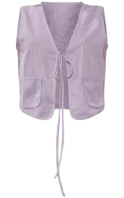 Best PrettyLittleThing Pinstripe Linen Look Tie Front Vest Light Grey