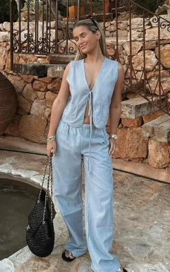 Best PrettyLittleThing Pinstripe Linen Look Wide Leg Pants Light Grey