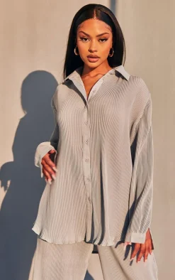 Hot PrettyLittleThing Plisse Button Front Oversized Shirt Light Grey