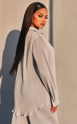Hot PrettyLittleThing Plisse Button Front Oversized Shirt Light Grey
