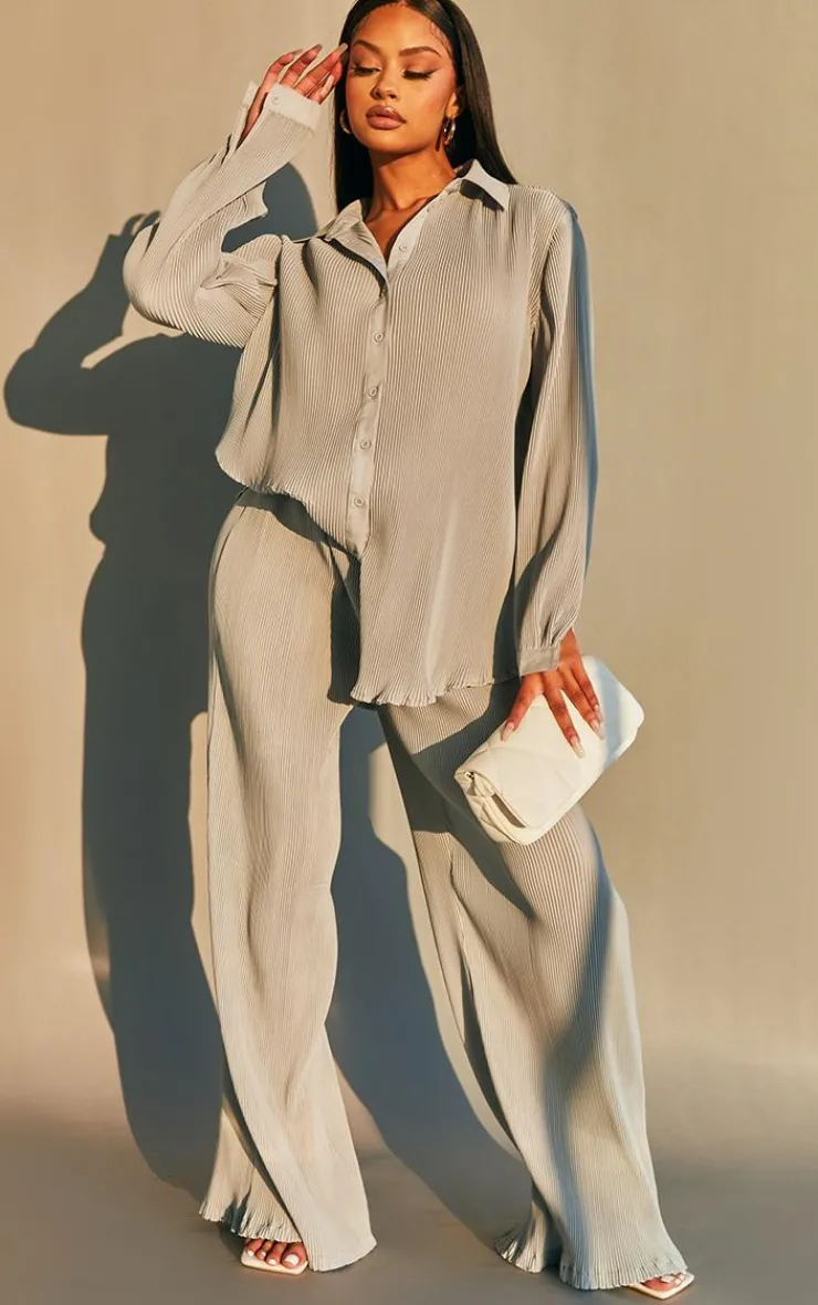 New PrettyLittleThing Plisse High Waisted Wide Leg Pants Light Grey