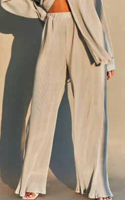New PrettyLittleThing Plisse High Waisted Wide Leg Pants Light Grey