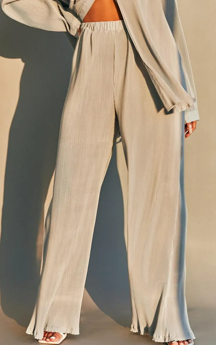 New PrettyLittleThing Plisse High Waisted Wide Leg Pants Light Grey