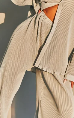 New PrettyLittleThing Plisse High Waisted Wide Leg Pants Light Grey