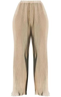 New PrettyLittleThing Plisse High Waisted Wide Leg Pants Light Grey