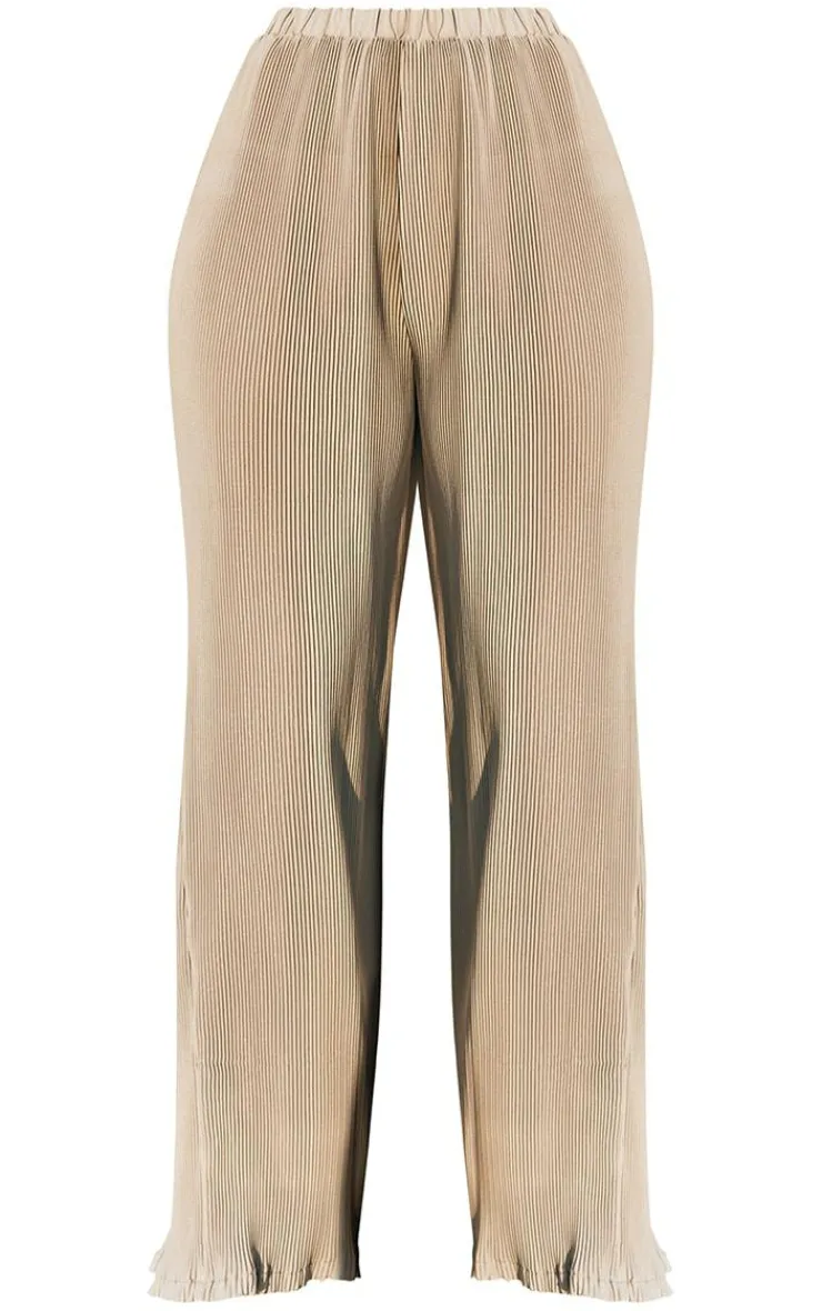 New PrettyLittleThing Plisse High Waisted Wide Leg Pants Light Grey