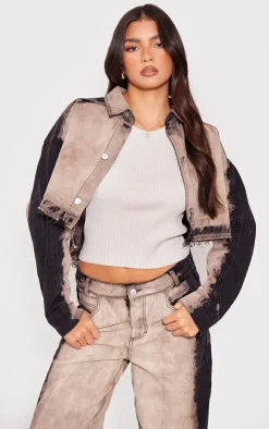 PrettyLittleThing Raw Hem Bleach Wash Button Up Cropped Jacket Light Grey