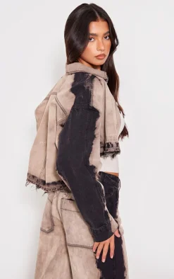 PrettyLittleThing Raw Hem Bleach Wash Button Up Cropped Jacket Light Grey