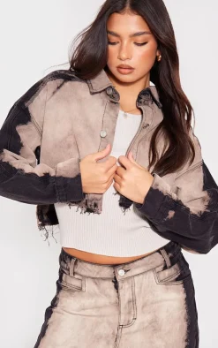 PrettyLittleThing Raw Hem Bleach Wash Button Up Cropped Jacket Light Grey