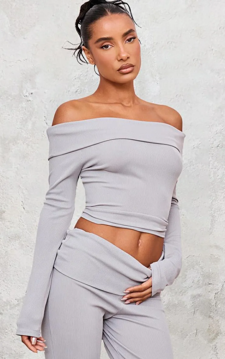 Hot PrettyLittleThing Rib Foldover Bardot Flute Sleeve Longline Top Light Grey