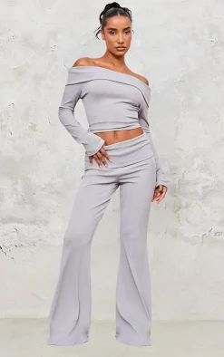 Hot PrettyLittleThing Rib Foldover Bardot Flute Sleeve Longline Top Light Grey
