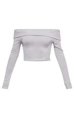 Hot PrettyLittleThing Rib Foldover Bardot Flute Sleeve Longline Top Light Grey