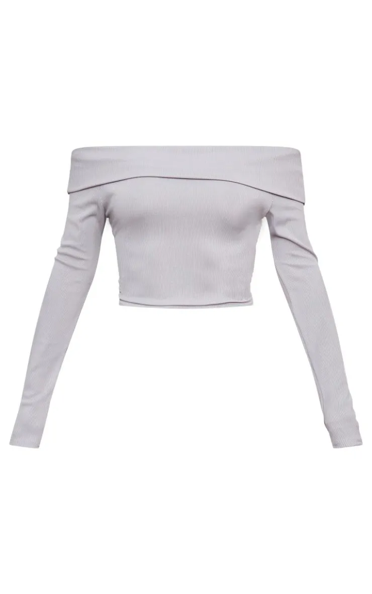 Hot PrettyLittleThing Rib Foldover Bardot Flute Sleeve Longline Top Light Grey