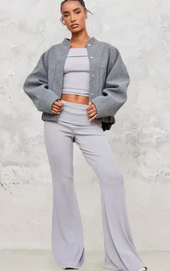 New PrettyLittleThing Rib Foldover Low Rise Flared Pants Light Grey
