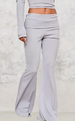 New PrettyLittleThing Rib Foldover Low Rise Flared Pants Light Grey