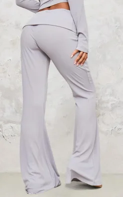 New PrettyLittleThing Rib Foldover Low Rise Flared Pants Light Grey