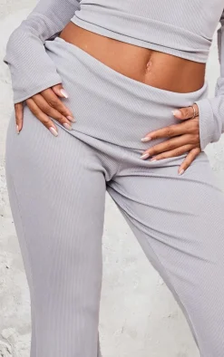 New PrettyLittleThing Rib Foldover Low Rise Flared Pants Light Grey