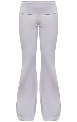 New PrettyLittleThing Rib Foldover Low Rise Flared Pants Light Grey
