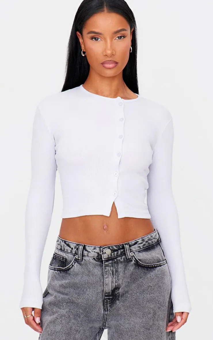 PrettyLittleThing Christmas Shop*Ribbed Aysmmetric Button Down Fitted Long Sleeve Top