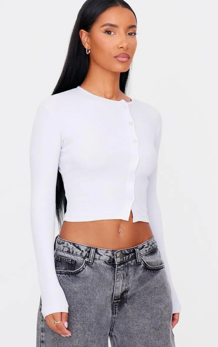 PrettyLittleThing Christmas Shop*Ribbed Aysmmetric Button Down Fitted Long Sleeve Top