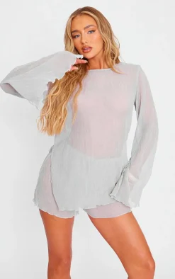 Discount PrettyLittleThing Sheer Textured Longline Top Light Grey