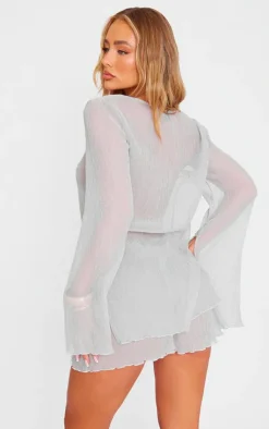 Discount PrettyLittleThing Sheer Textured Longline Top Light Grey