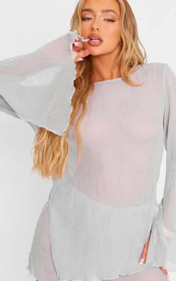 Discount PrettyLittleThing Sheer Textured Longline Top Light Grey