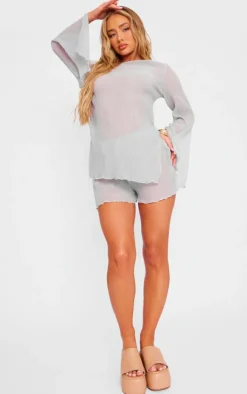 Discount PrettyLittleThing Sheer Textured Hot Pants Light Grey