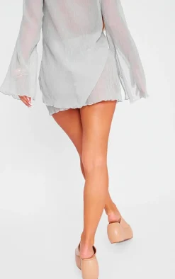 Discount PrettyLittleThing Sheer Textured Hot Pants Light Grey