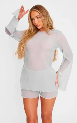 Discount PrettyLittleThing Sheer Textured Hot Pants Light Grey