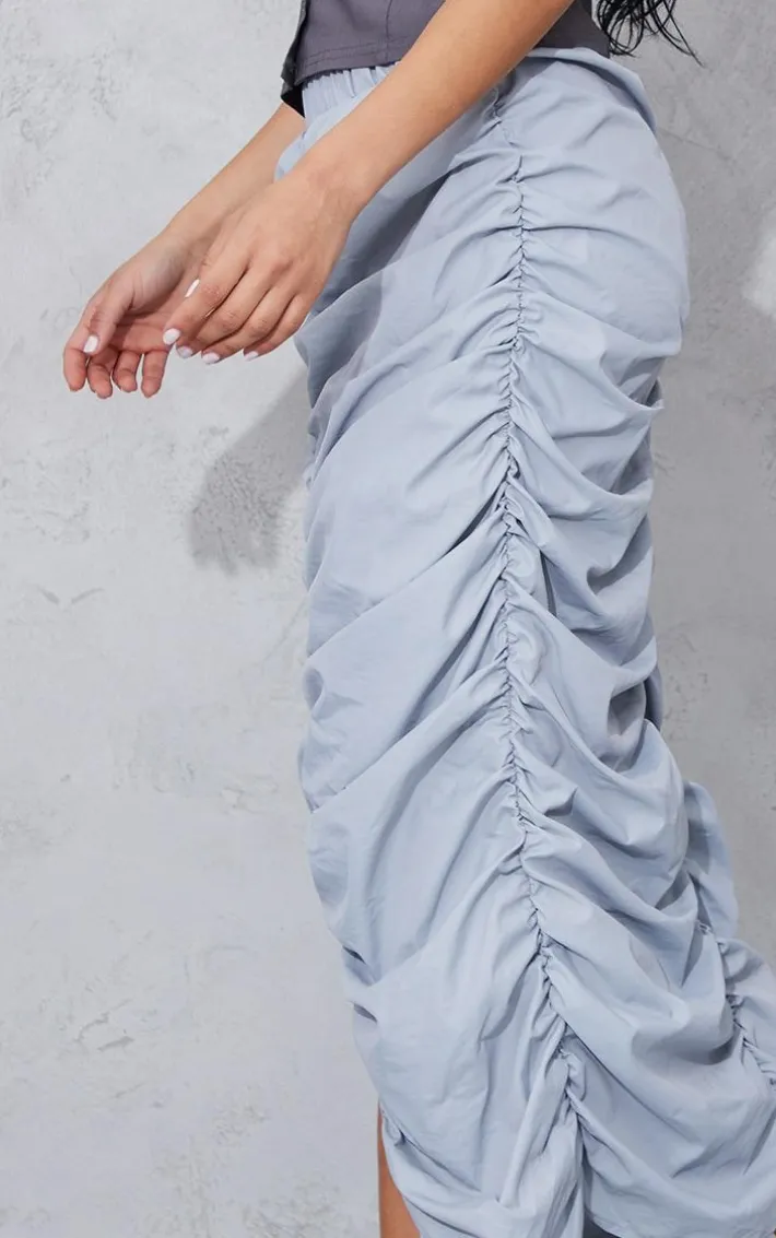 Light Grey Shell Ruched Cargo Midi Skirt