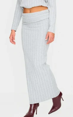 Online PrettyLittleThing Light Grey Soft Rib Fold Over Maxi Skirt Moss Grey