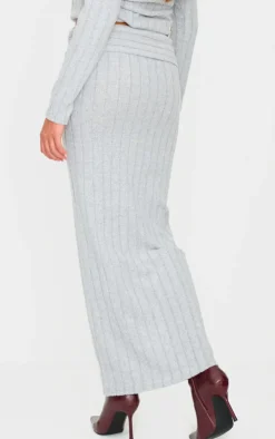 Online PrettyLittleThing Light Grey Soft Rib Fold Over Maxi Skirt Moss Grey