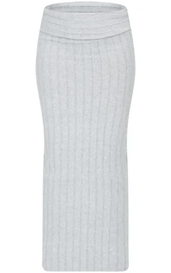 Online PrettyLittleThing Light Grey Soft Rib Fold Over Maxi Skirt Moss Grey
