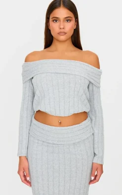 Online PrettyLittleThing Light Grey Soft Rib Off The Shoulder Long Sleeve Long Top Moss Grey