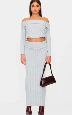 Online PrettyLittleThing Light Grey Soft Rib Off The Shoulder Long Sleeve Long Top Moss Grey