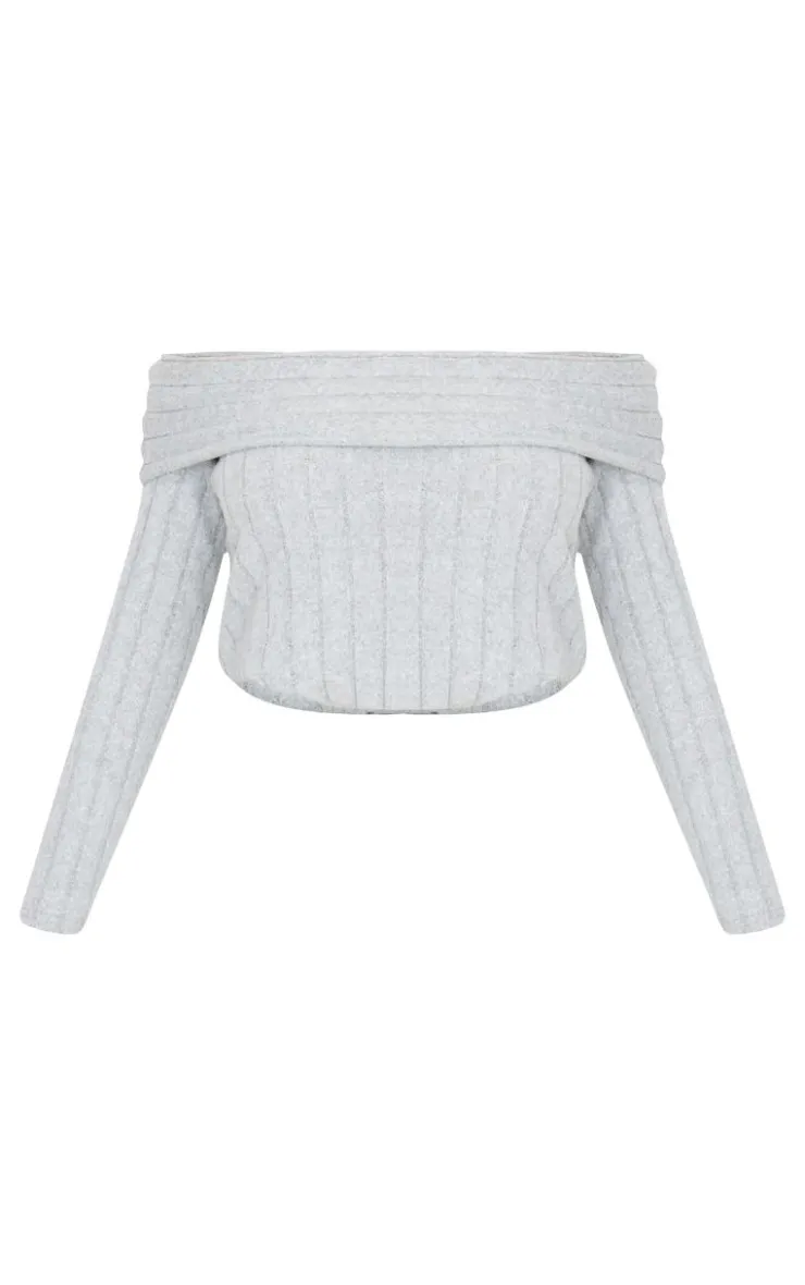 Online PrettyLittleThing Light Grey Soft Rib Off The Shoulder Long Sleeve Long Top Moss Grey