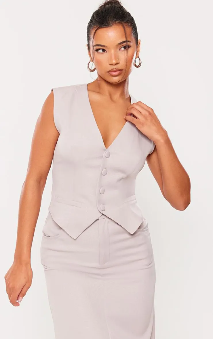 New PrettyLittleThing Tailored Woven Fitted Vest Light Grey