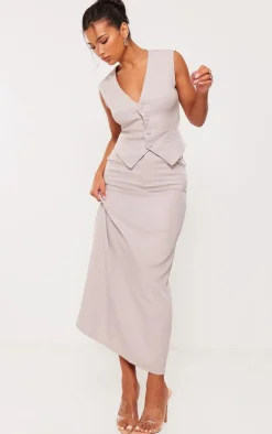 New PrettyLittleThing Tailored Woven High Waist Midaxi Skirt Light Grey