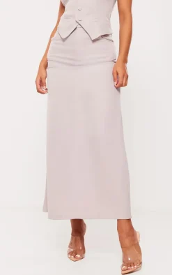 New PrettyLittleThing Tailored Woven High Waist Midaxi Skirt Light Grey