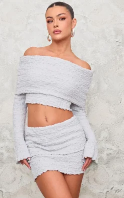 Sale PrettyLittleThing Textured Fold Over Long Sleeve Top Light Grey
