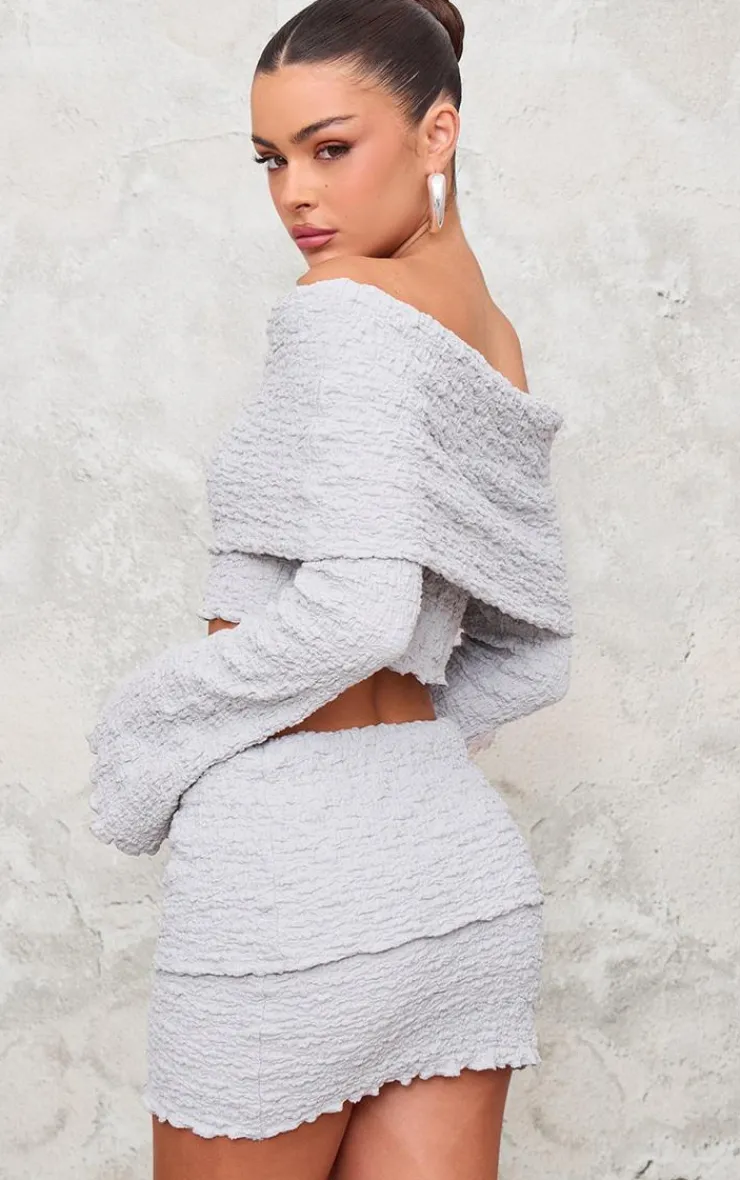 Sale PrettyLittleThing Textured Fold Over Long Sleeve Top Light Grey