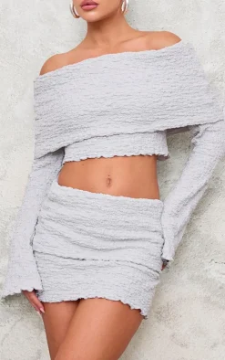 Sale PrettyLittleThing Textured Fold Over Long Sleeve Top Light Grey
