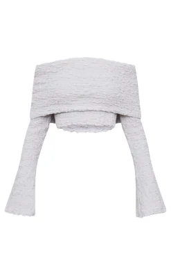 Sale PrettyLittleThing Textured Fold Over Long Sleeve Top Light Grey